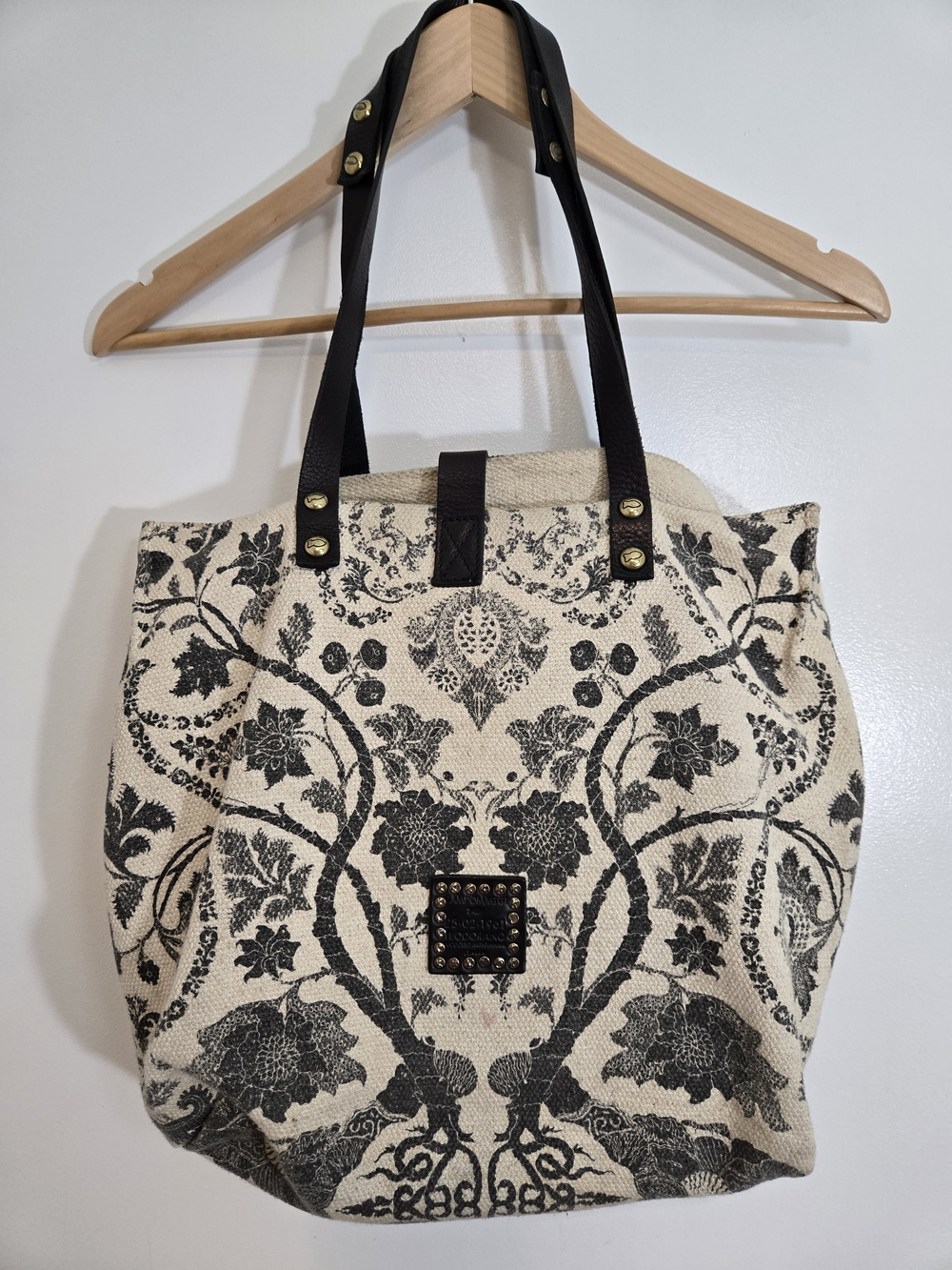 Anthropologie CAMPOMAGGI Italian Canvas & Leather Floral Tote Studded Distressed